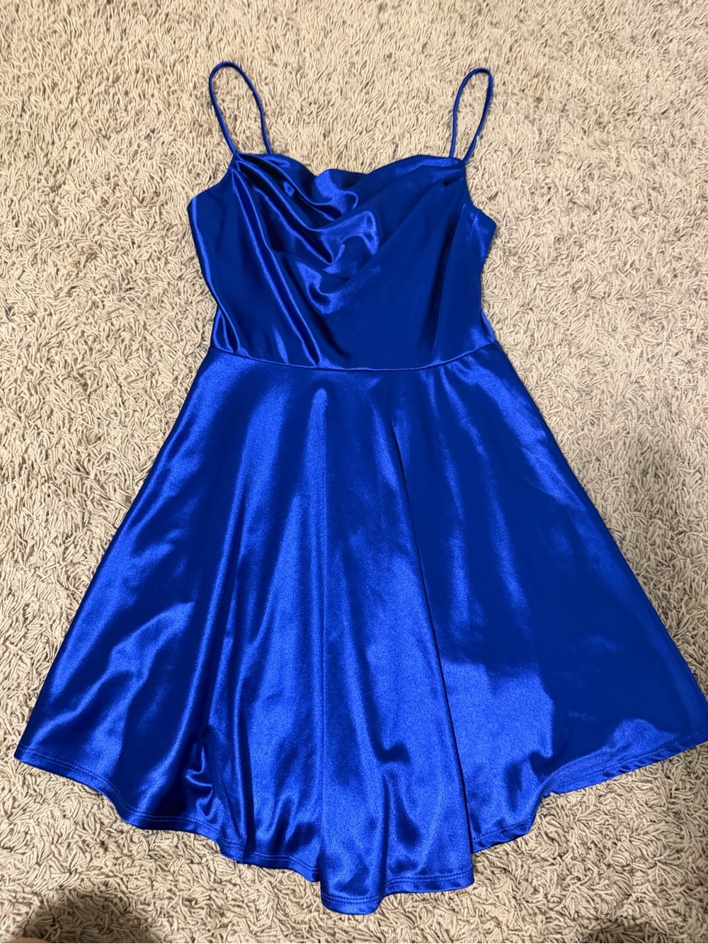 Satin Cowl Neck Spaghetti Strap Mini Dress - Royal Blue